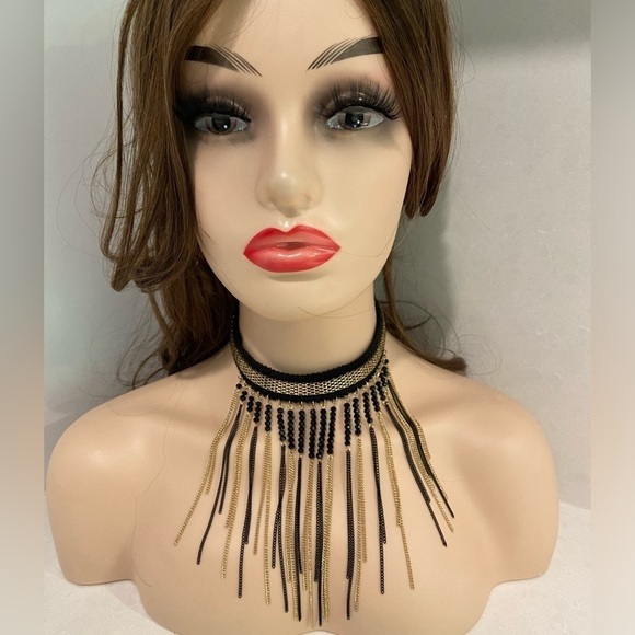 Whimsygoth Signed PL Black and Gold Beaded Tassel Choker - Picture 2 of 8
